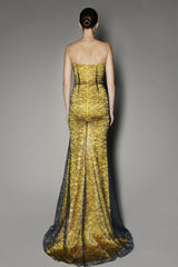 Wisteria Long Dress in Yellow Satin Shine and Metal Lace
