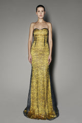 Wisteria Long Dress in Yellow Satin Shine and Metal Lace