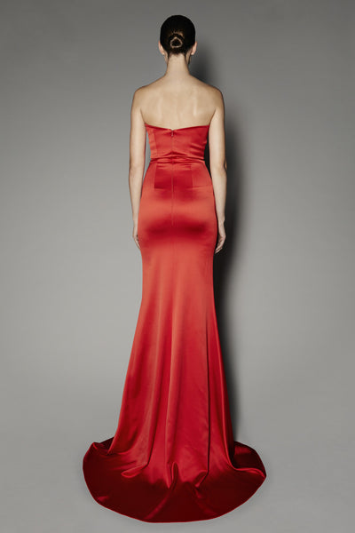 Wisteria Long Dress in Red Satin Shine