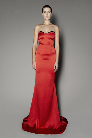 Wisteria Long Dress in Red Satin Shine