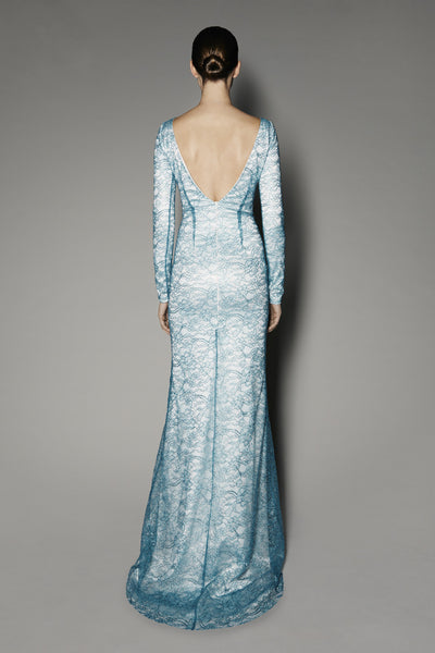 Verbena Long Dress in Azure Metal Coated Lace