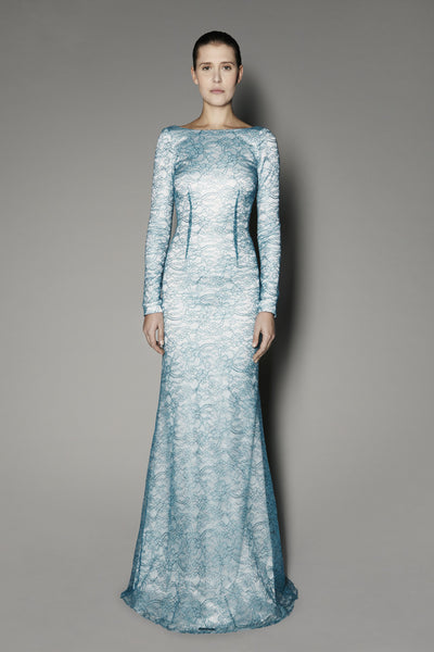 Verbena Long Dress in Azure Metal Coated Lace
