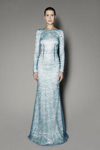Verbena Long Dress in Azure Metal Coated Lace