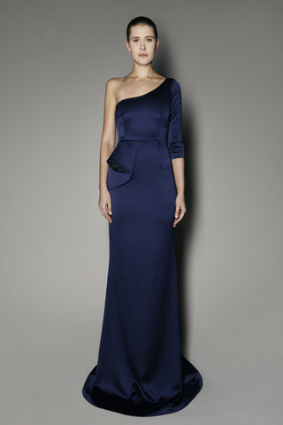 Gladiolus Long Dress in Navy Satin Shine