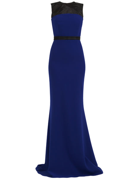 BREANNA LONG DRESS IN ELECTRIC BLUE MATT STRETCH WITH BLACK GAZAR