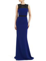 BREANNA LONG DRESS IN ELECTRIC BLUE MATT STRETCH WITH BLACK GAZAR