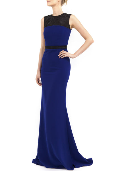 BREANNA LONG DRESS IN ELECTRIC BLUE MATT STRETCH WITH BLACK GAZAR