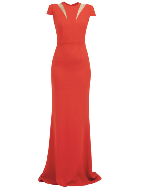 Petunia Long Dress in Red Matt Stretch with Nude Gazar