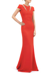 Petunia Long Dress in Red Matt Stretch with Nude Gazar