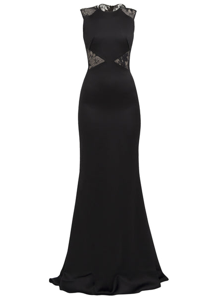 MAGNOLIA LONG DRESS IN BLACK SATIN SHINE AND COATED LACE