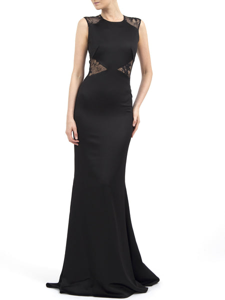 MAGNOLIA LONG DRESS IN BLACK SATIN SHINE AND COATED LACE