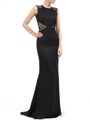 MAGNOLIA LONG DRESS IN BLACK SATIN SHINE AND COATED LACE