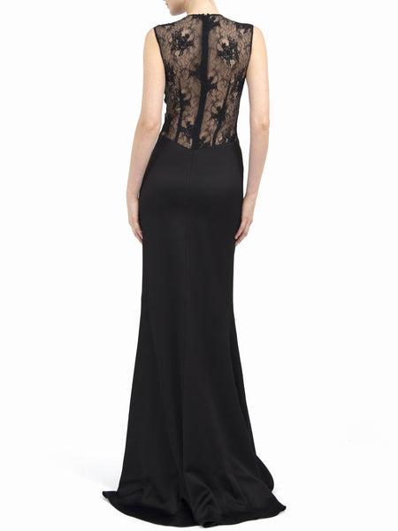 MAGNOLIA LONG DRESS IN BLACK SATIN SHINE AND COATED LACE