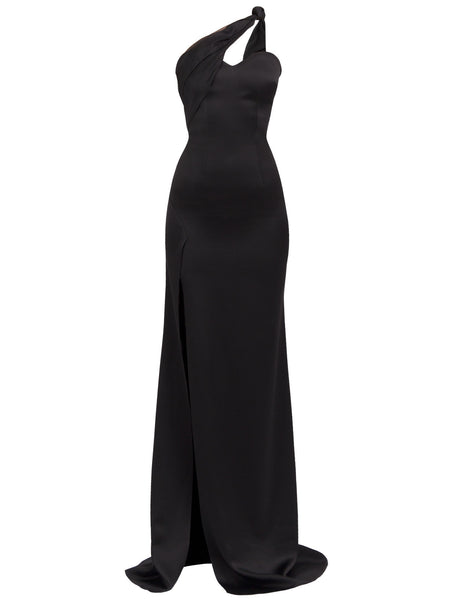 ZINNIA LONG DRESS IN BLACK SATIN STRETCH AND ORGANZA SILK