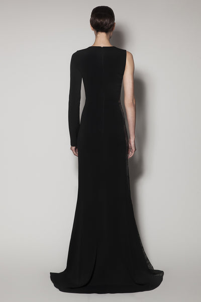 ANATOLIA LONG DRESS IN BLACK MATT STRETCH WITH GAZAAR AND LACE INSERTS