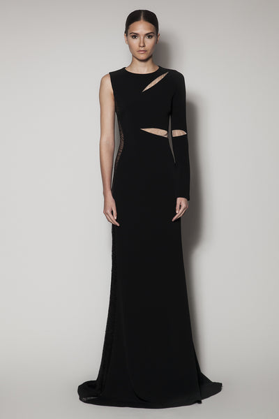 ANATOLIA LONG DRESS IN BLACK MATT STRETCH WITH GAZAAR AND LACE INSERTS