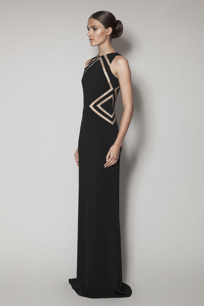 ADITHYAA LONG DRESS IN BLACK MATT STRETCH AND NUDE GAZAAR