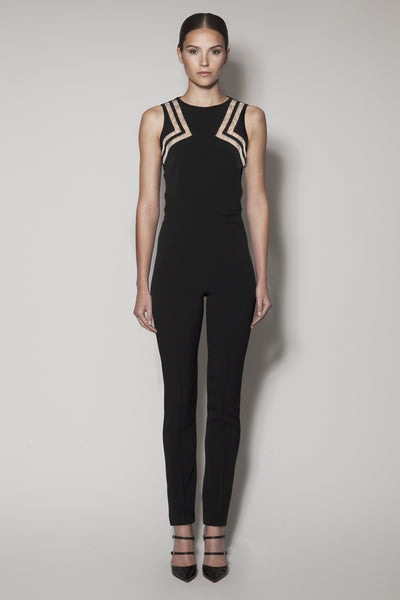 OCEANA JUMPSUIT IN BLACK MATT STRETCH WITH NUDE GAZAAR AND BLACK LACE