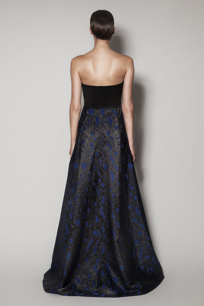 CASITA LONG DRESS IN BLACK SATIN AND BLUE JACQUARD