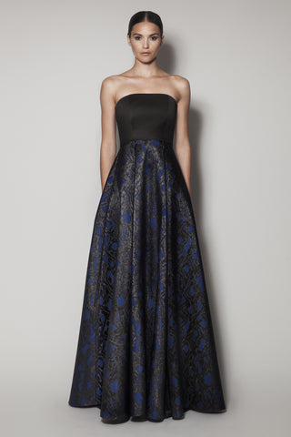 CASITA LONG DRESS IN BLACK SATIN AND BLUE JACQUARD