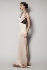 CARRARA LONG DRESS IN NOUGAT SATIN SHINE AND BLACK LACE