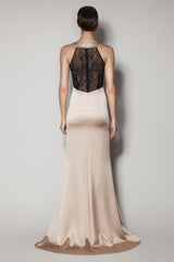 CARRARA LONG DRESS IN NOUGAT SATIN SHINE AND BLACK LACE