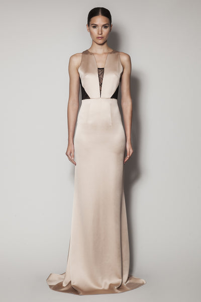 CARRARA LONG DRESS IN NOUGAT SATIN SHINE AND BLACK LACE