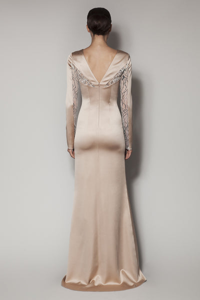 RAVENNA LONG DRESS IN NOUGAT SATIN SHINE AND LACE