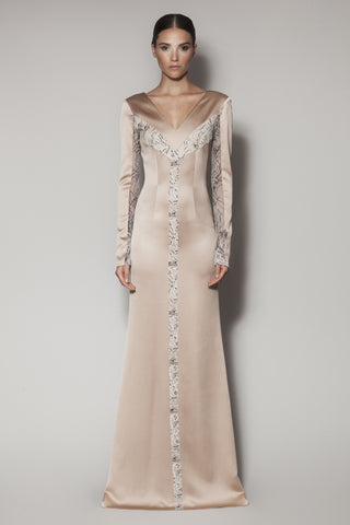 RAVENNA LONG DRESS IN NOUGAT SATIN SHINE AND LACE