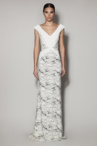 SUZANI LONG DRESS IN IVORY MATT STRETCH AND LACE