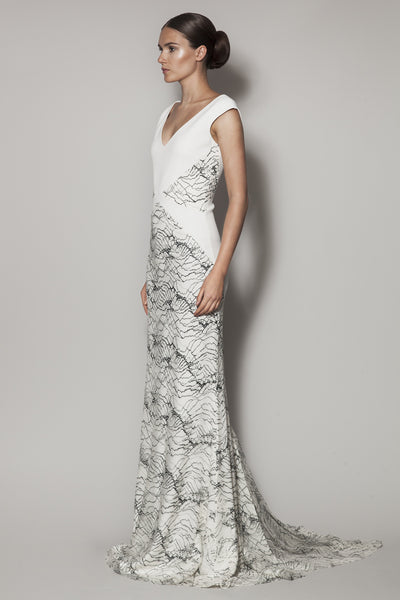 SUZANI LONG DRESS IN IVORY MATT STRETCH AND LACE