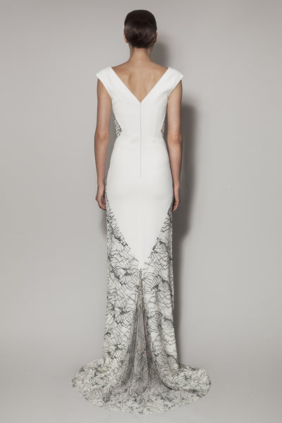 SUZANI LONG DRESS IN IVORY MATT STRETCH AND LACE