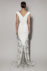 SUZANI LONG DRESS IN IVORY MATT STRETCH AND LACE