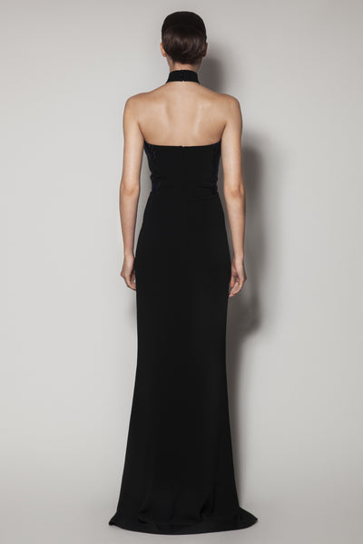 BISSONnETTE LONG DRESS IN BLACK MATT AND BLUE JACQUARD