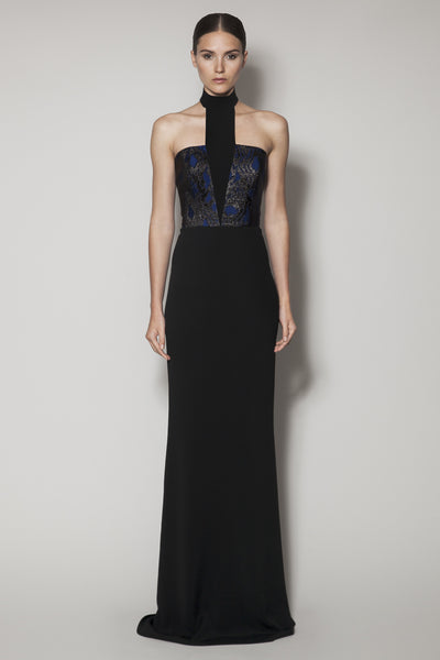 BISSONnETTE LONG DRESS IN BLACK MATT AND BLUE JACQUARD