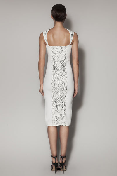 IKAT DRESS IN IVORY MATT STRETCH AND BLACK AND WHITE LACE