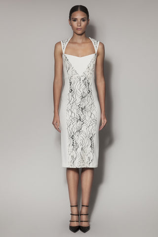 IKAT DRESS IN IVORY MATT STRETCH AND BLACK AND WHITE LACE