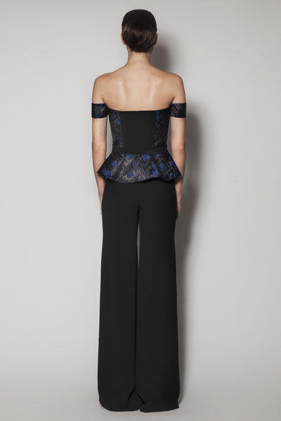 MARIPOSA TOP IN BLACK MATT STRETCH AND BLUE JACQUARD