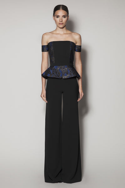 MARIPOSA TOP IN BLACK MATT STRETCH AND BLUE JACQUARD