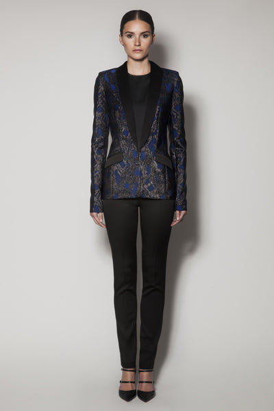 JIOVANNI BLAZER IN BLUE JACQUARD AND BLACK SATIN SHINE