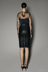 Uzma Top in Navy Washed Silk with French Lace