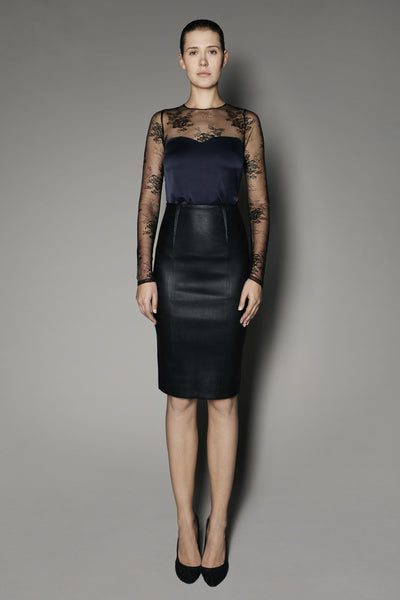 Uzma Top in Navy Washed Silk with French Lace