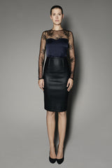 Uzma Top in Navy Washed Silk with French Lace